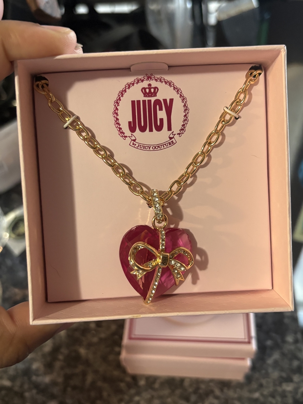 Juicy Couture Gold Chain Necklace with Fuchsia Heart & Bow Pendant